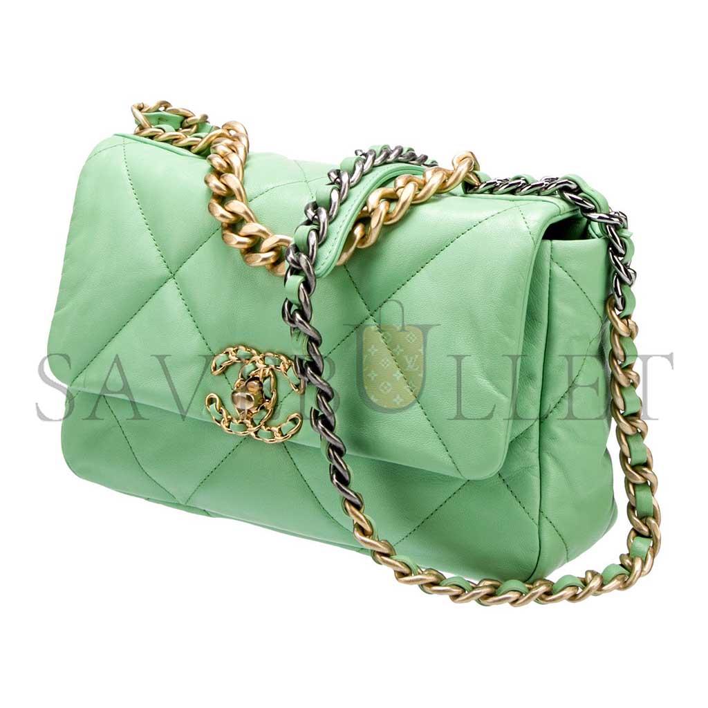 Ch*el green quilted lambskin Ch*el 19 flap gold and ruthenium hardware as1160 (26*16*9cm)